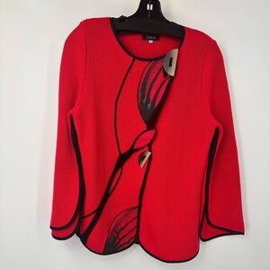VTG Jaskar Cardigan Sweater Red Wood Buttons Art to Wear Womens Small | E101